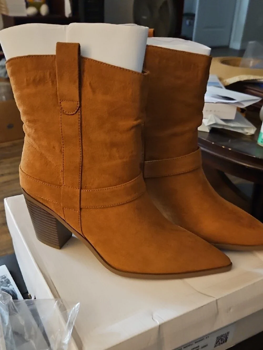 JustFab Tan Suede Pointed-Toe Mid-Calf Booties